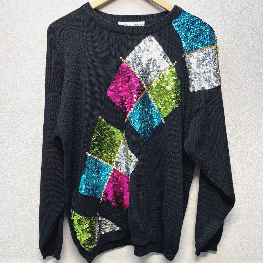 Vtg Victoria Harbour Argyle Geometric Beaded Sequin Black Party Sweater Large